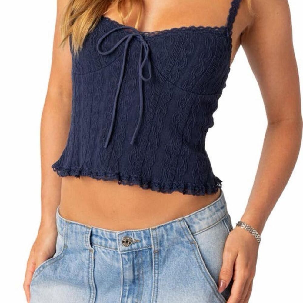 Edikted Lacy Navy Lace Trim Smocked Cami Top Size M